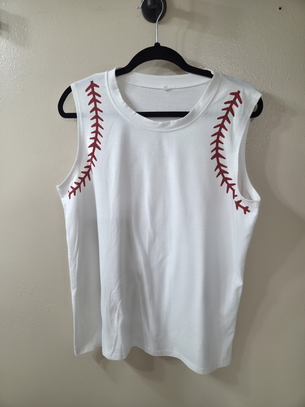 White Sleeveless Womens Baseball Stitch Tank Top - Red Stitch Detail